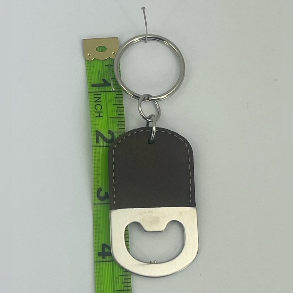 BOTTLE OPENER KEYCHAIN, FAUX LEATHER, BROWN COLOR, SILVER HARDWARE - Picture 7 of 8